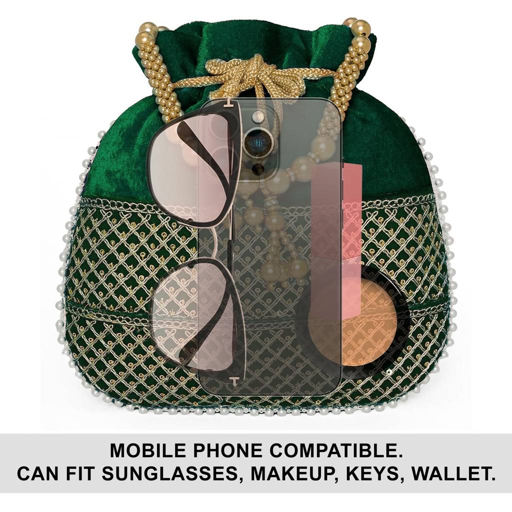 Zari Sequence Potli Bag With Beads Motif Handle For Women Handmade Handbag Stylish Bride Fashion Wristlet Bag For  : P197GRN-F