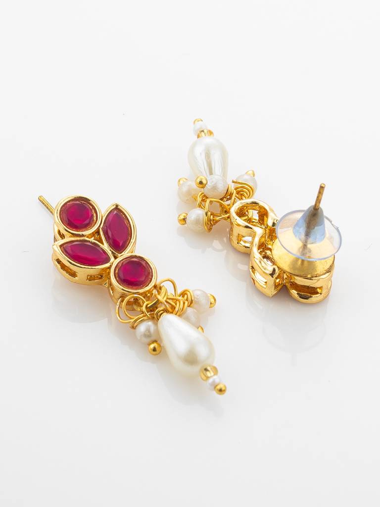 Gold Plated Multi-Strand Pearl Necklace With Red Stone Detail : NK4879