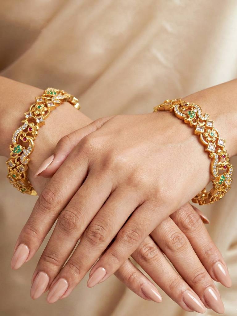 Gold Plated Peacock Design Ad Bangle For Women With Green & Pink Stones | Floral Ethnic Wedding Festive  : 1049-C1BG-2214-2-24