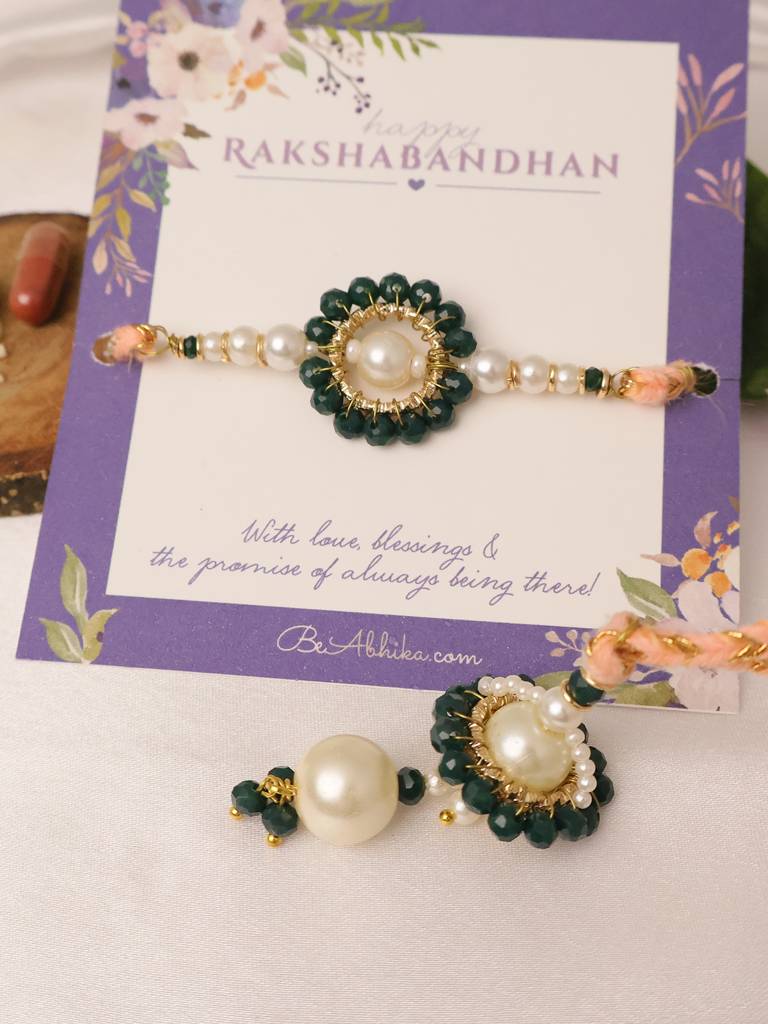 Teal Pearl Bhai Bhabhi Rakhi Lumba Set With Roli Chawal Capsules : ACJR203-ACRL203