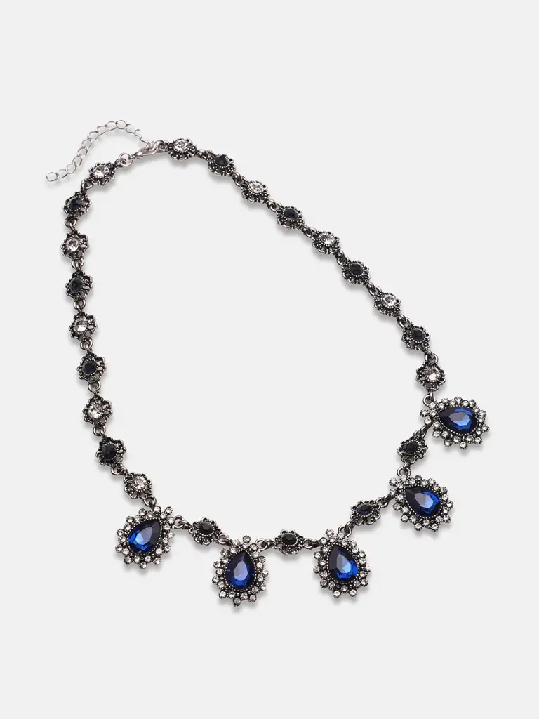 Adara-Sohi Artificial Stones Silver Plated Oxidised Necklace : SOHINC8721
