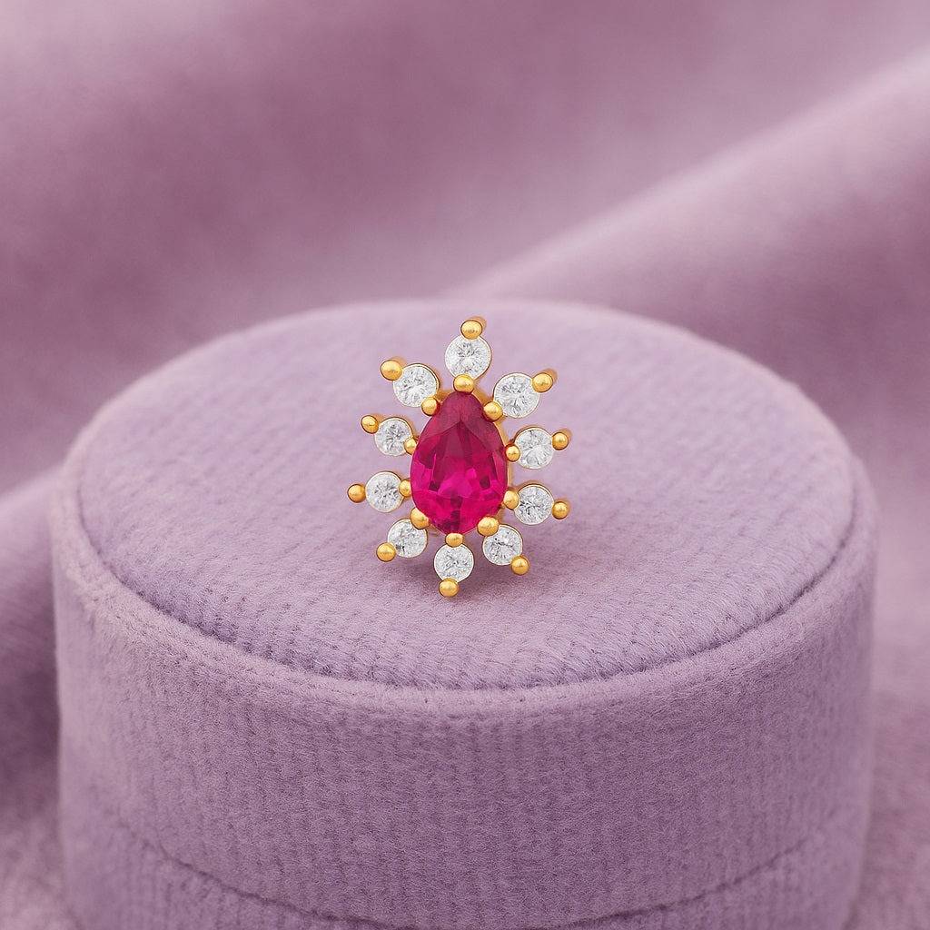 Teardrop Halo Nose Pin - Sterling Silver Gold Plated : NP-00083_925S_YG_REDCZ