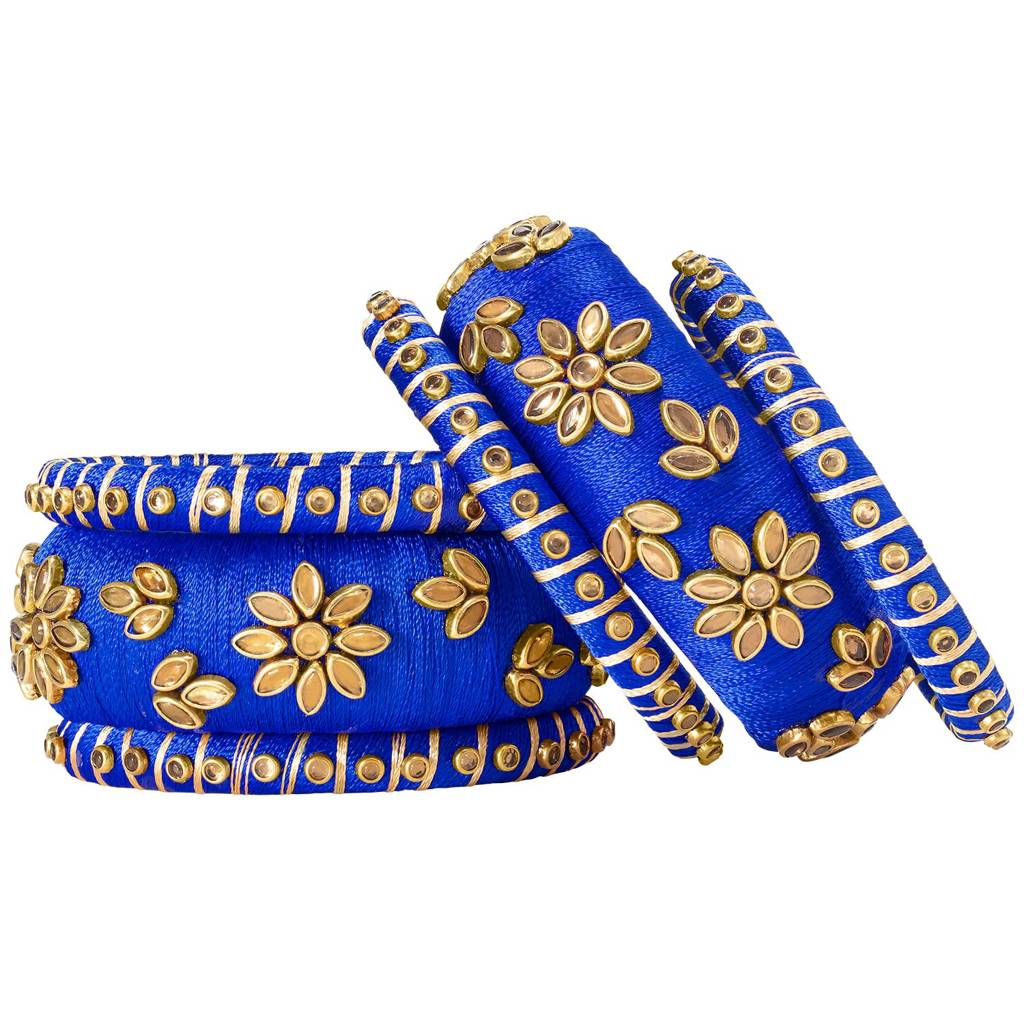 Peora Silk Thread Matching Golden Floral Decorative Chuda Chura Bangle Set For Women : PF51B69B