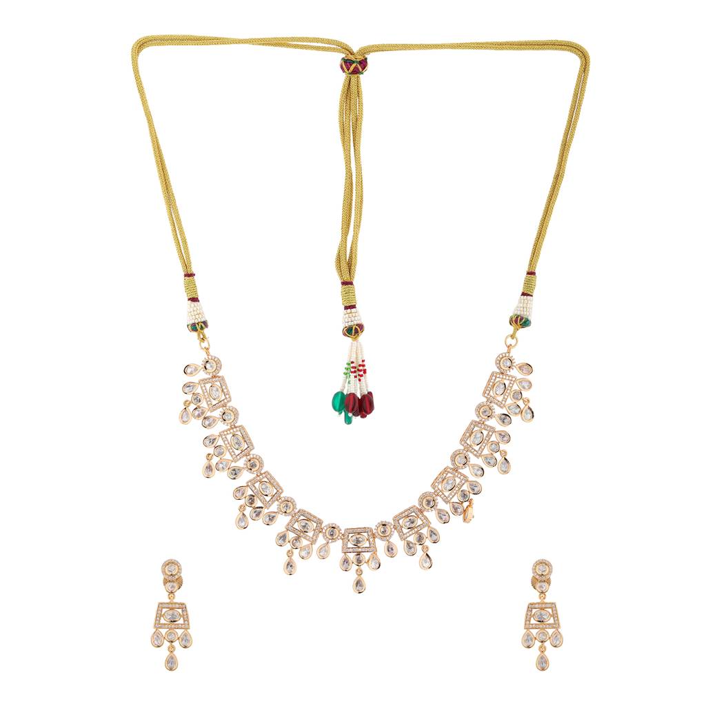 Kundan Opulence Crystal Cascade Necklace Set : 8905124527896