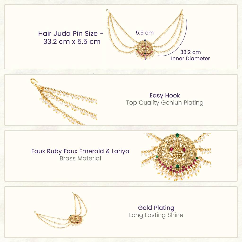 Ethnic Layered Hair Juda Pin For Women & Girls Gold Plated Faux Emerald Ruby & Lariya Studded Festive Bridal Jew : PF47HJ05RPG