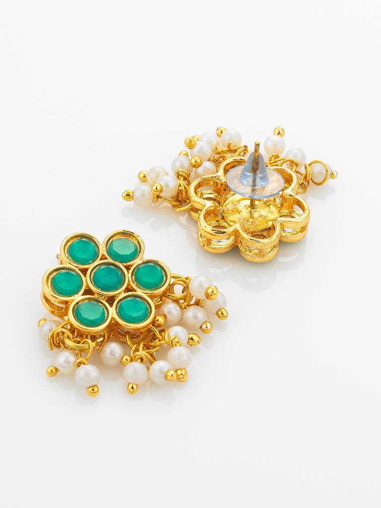 Gold Plated Green Floral Kundan Necklace Set With Pearls : NK4897