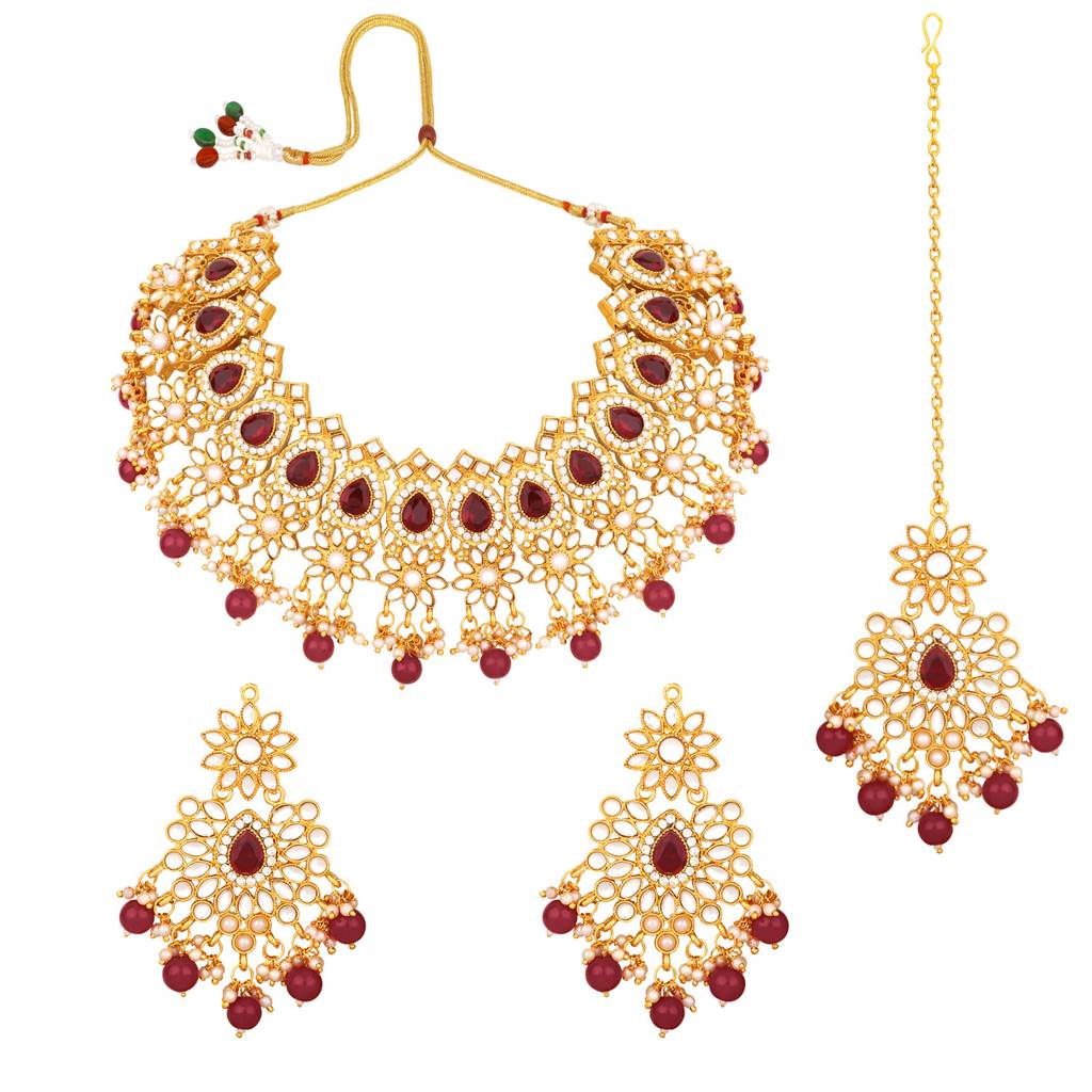 Peora Gold Plated Kundan Dangling Pearls Necklace Earring Maangtikka Jewellery Set For Women : PF28N126M