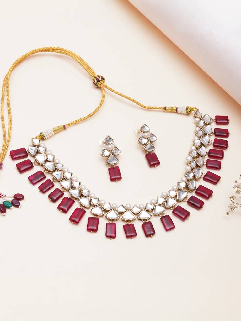 Ruby Kundan Drop Necklace Set With Matching Earrings : ACN092