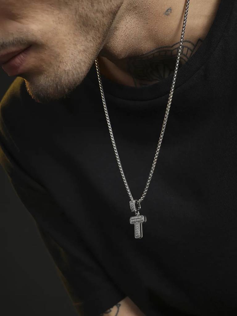 Men'S Embellished Alphabet Pendant Necklace - Silver : FANC1071-T