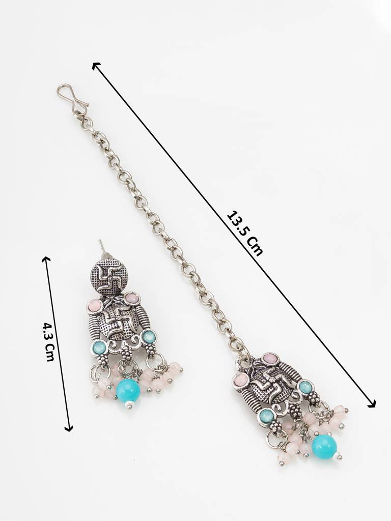 Navratri Special Silver Choker Necklace Set With Earrings And Maang Tikka In Turquoise And Pink Beads : NK4098