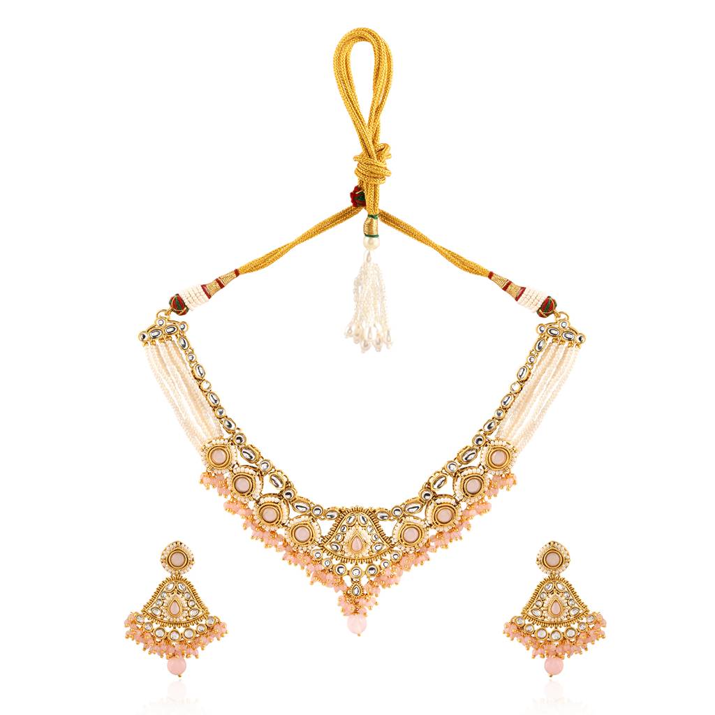 Kundan Opulance Light Pink Pearl-Beaded Yellow Gold-Plated Short Necklace Set : 8905124585407