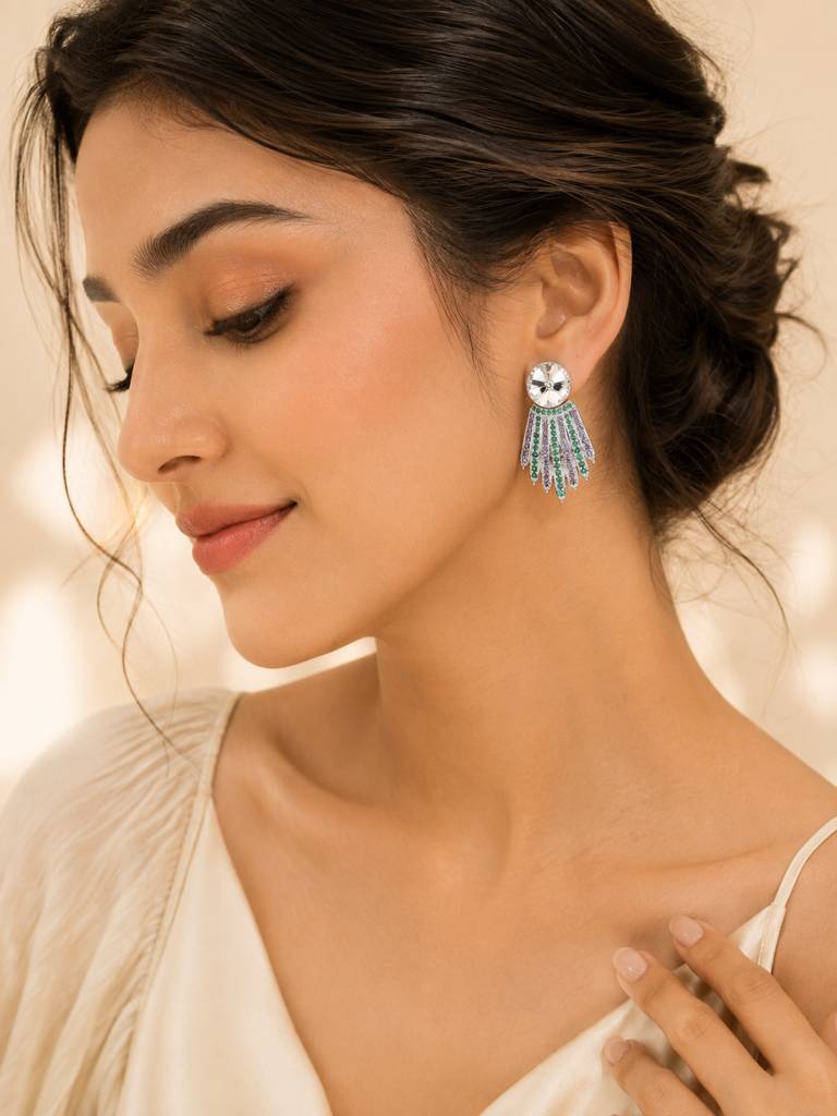 Blue Crystal Radiant Drop Earrings : AN-VM-SI-0093-DE