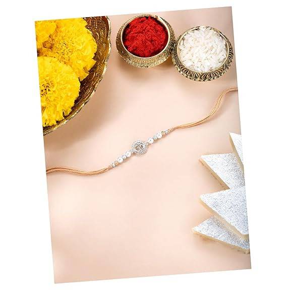 Mens 925 Sterling Silver Om & Beads Studded Rakhi For Brother Bhaiya|Cream Thread|Raksha Bandhan Hamper With Roli Ch : R18S01S