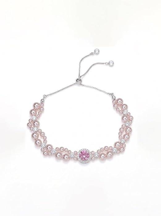 Pink White Silver Plated Charm Bracelet For Women Crystal & Pearl Studded Casual & Festive Wear Jewellery Gift For : PX9B249PK