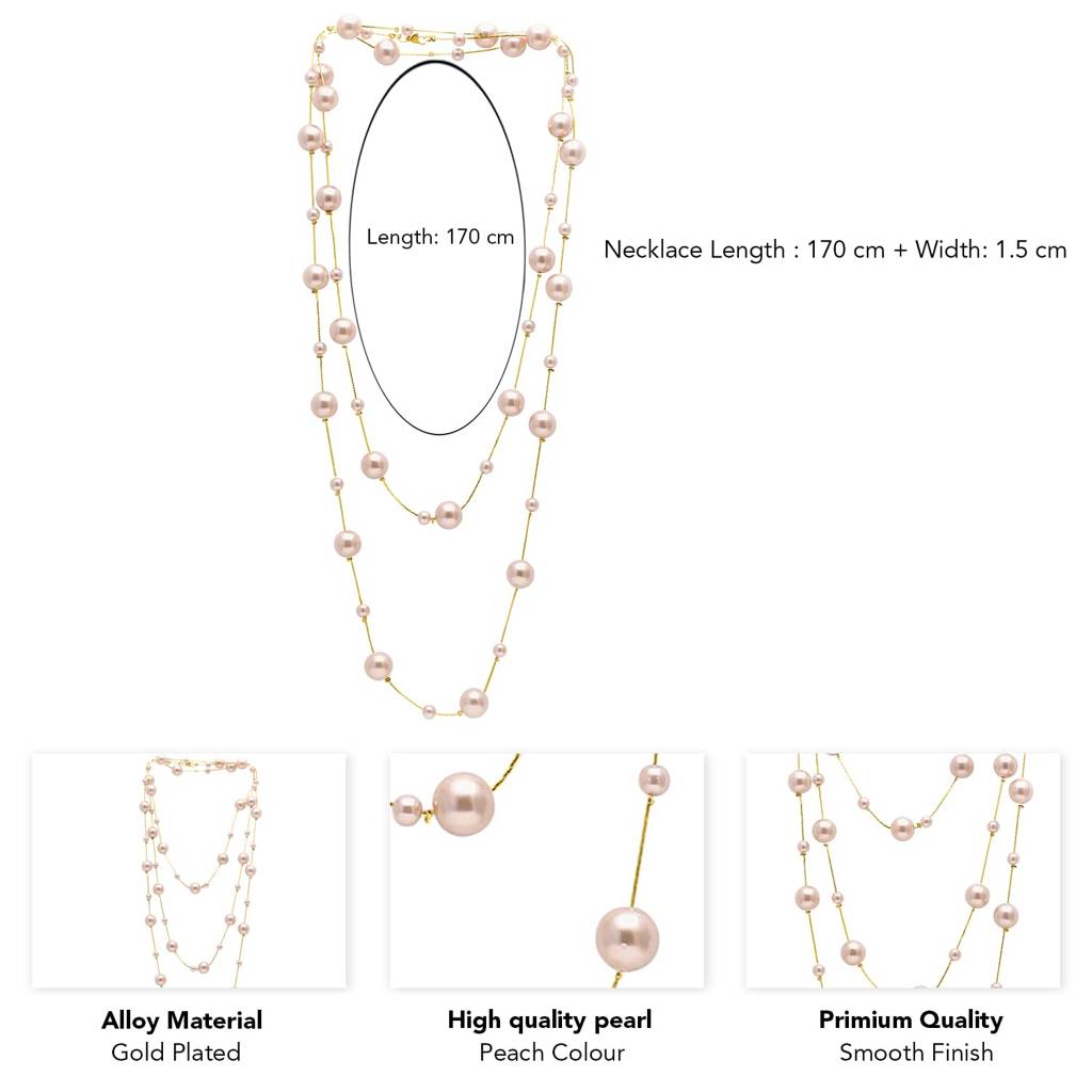 Gold Plated Peach Pearl Studded 3 Layer Necklace Stylish Jewellery Gift For Women & Girls : PX9N78