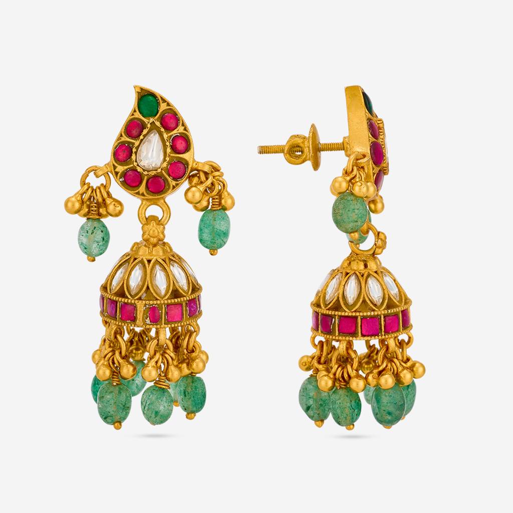 Ruby-Green Gold - Plated Festive Temple Earring - 467831 : 467831