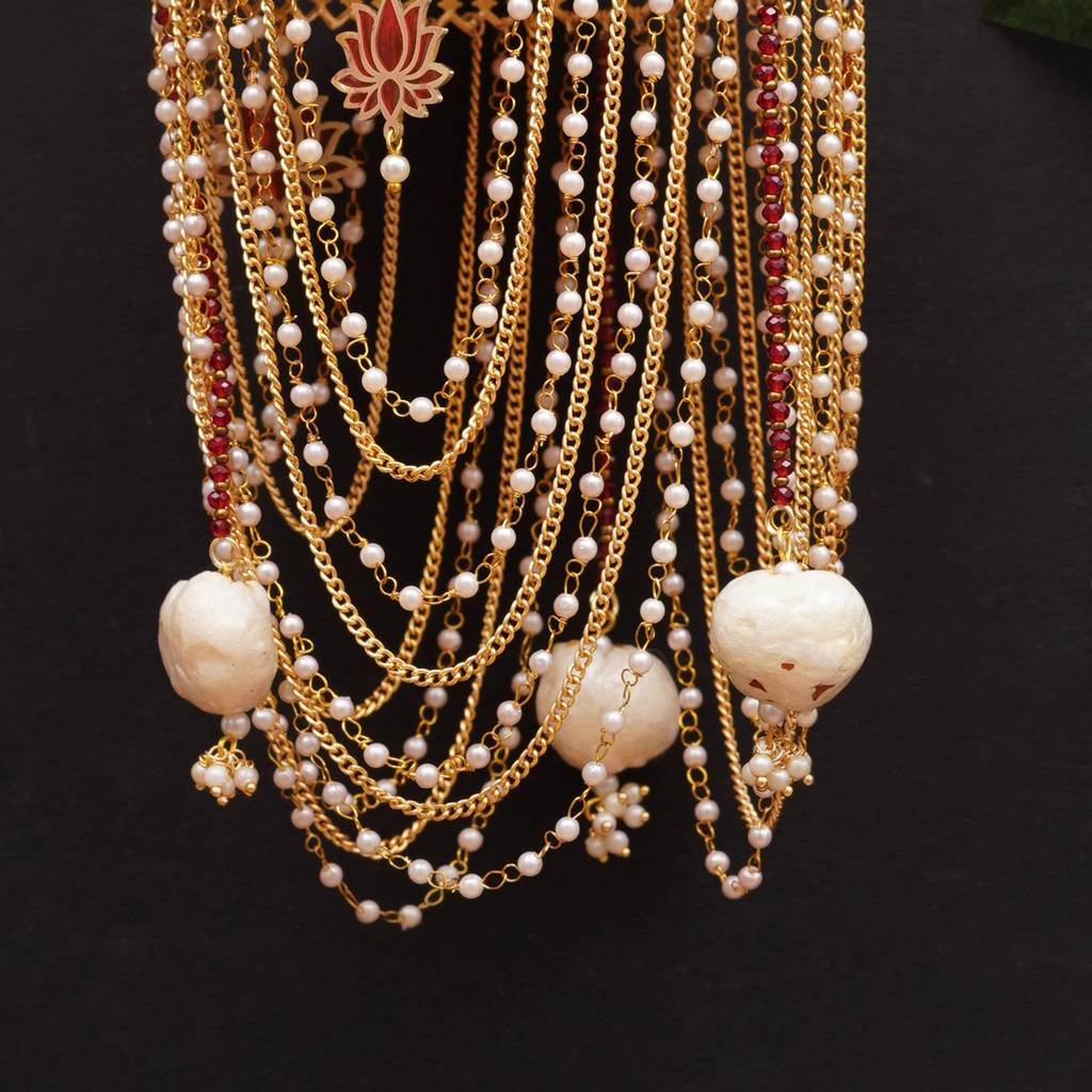 Royal Pearl Dome Bridal Kaleere With Multi-Layer Chain Drapes - Set Of 2 Pieces : ACKL078