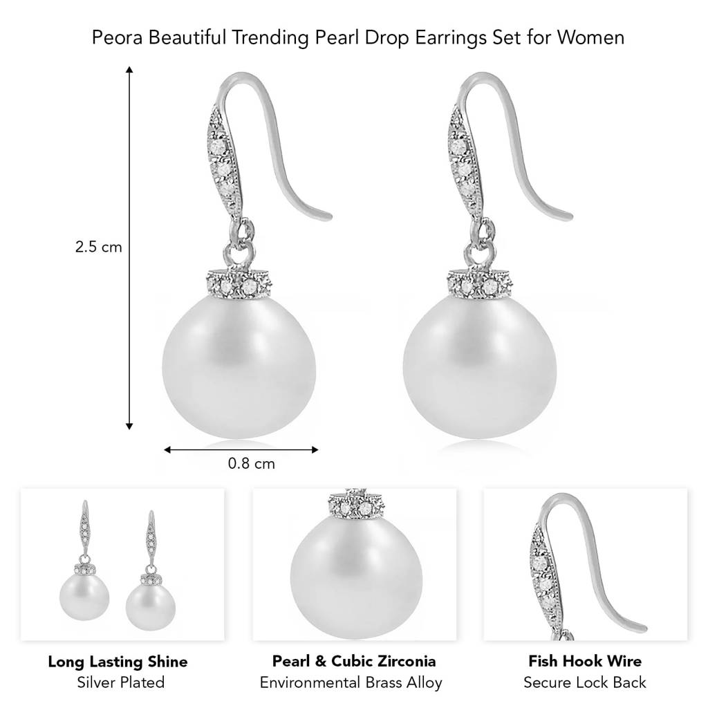 Silver Plated Pearl Studded Stylish Drop Earring Fashion Jewellery Gift For Women & Girls : PX9E3024W