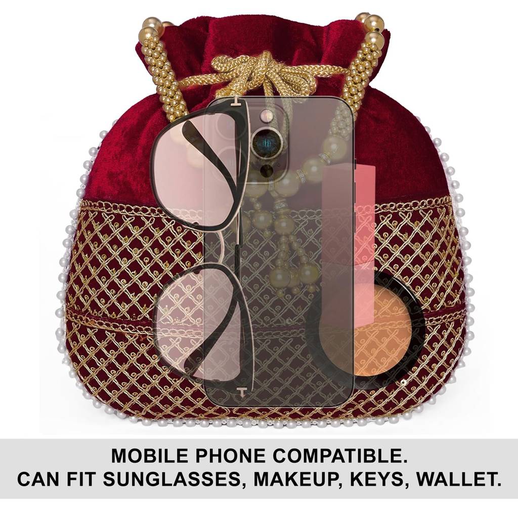 Zari Sequence Potli Bag With Beads Motif Handle For Women Handmade Handbag Stylish Bride Fashion Wristlet Bag For Girl : P197M-F