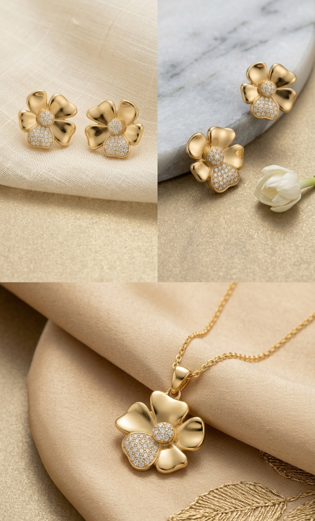 925 Sterling Silver 22K Gold-Plated Aurora Bloom Jewellery Set  With Chain : SMK-PD-SET-005-CHN