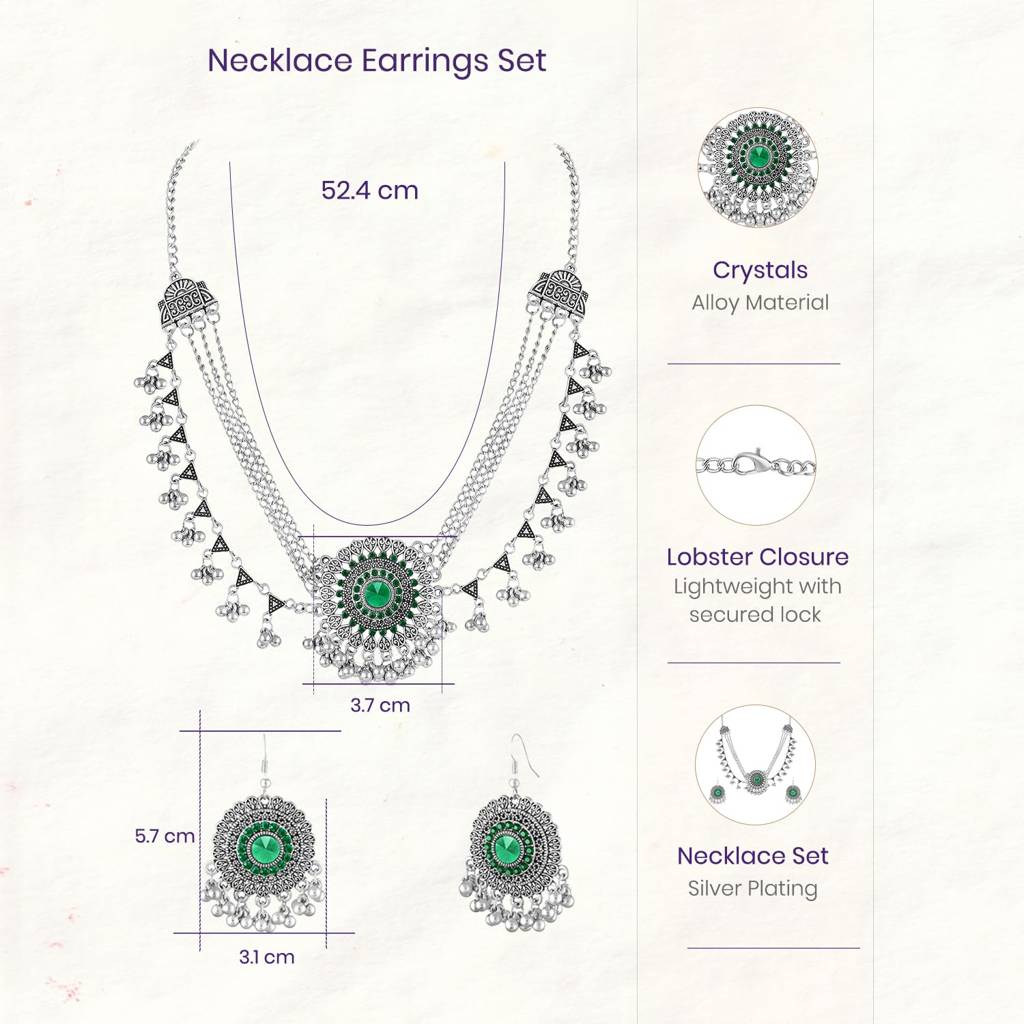 Green Stylish Oxidised Necklace Earrings Set For Women & Girls Silver Plated Crystals Studded Festive Fancy Desig : PX9N217GRN
