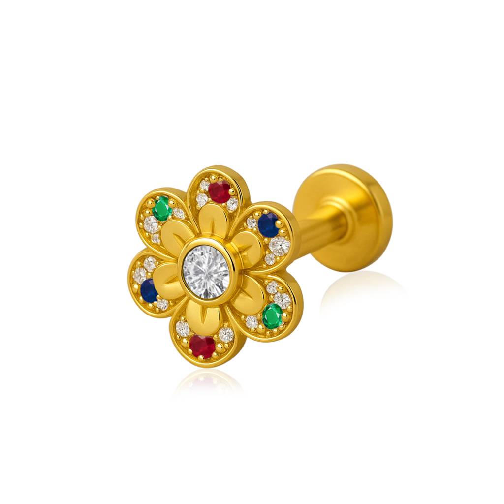 Navratna Floral Colorful Petal Design Nose Pin 925 Sterling Silver Gold Plated : 0015-NP-snp-0065