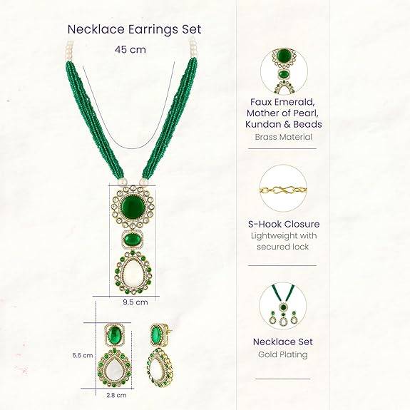 Green Pendant Style Necklace Earrings Set For Women & Girls Gold Plated Faux Emerald Mother Of Pearl & Beads Festi : PF77LS02G