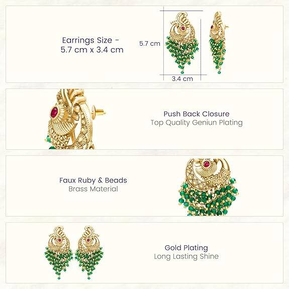 Green Ethnic Dangle Earrings For Women & Girls Gold Plated Faux Ruby & Beads Studded Festive Bridal Jewellery Bir : PF47E07GRN
