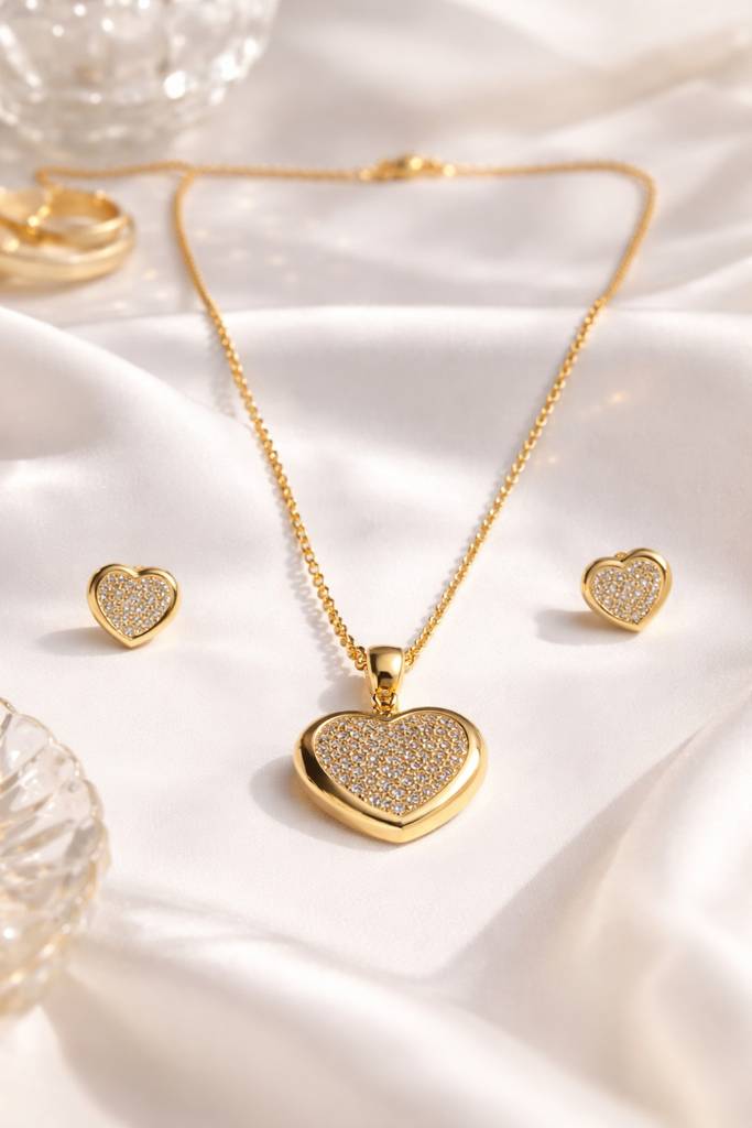 Gold-Tone Crystal Heart Necklace & Stud Earrings Set : NEC-999-A8061