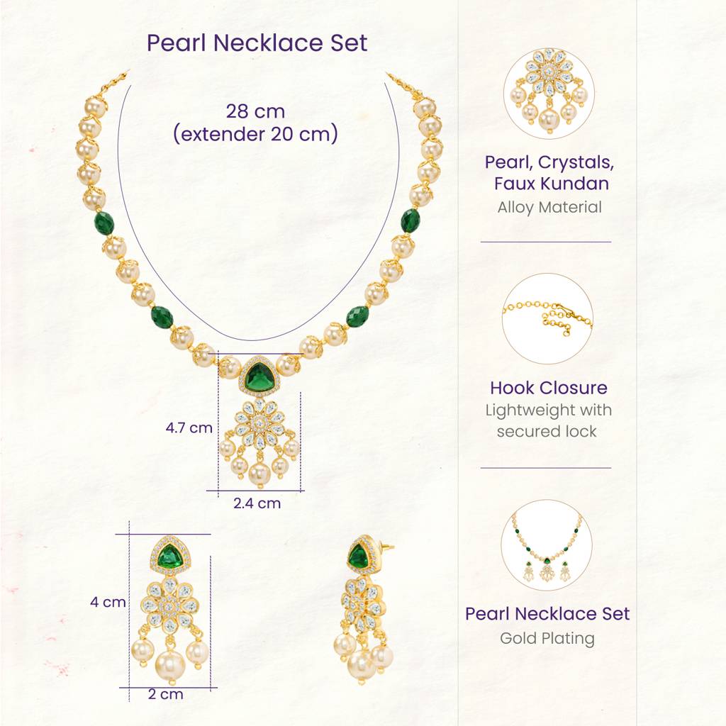 Ethnic Green Beads Necklace Earrings Set For Women & Girls Gold Plated Faux Emerald Pearl & Crystals Traditional F : PF10PS07G