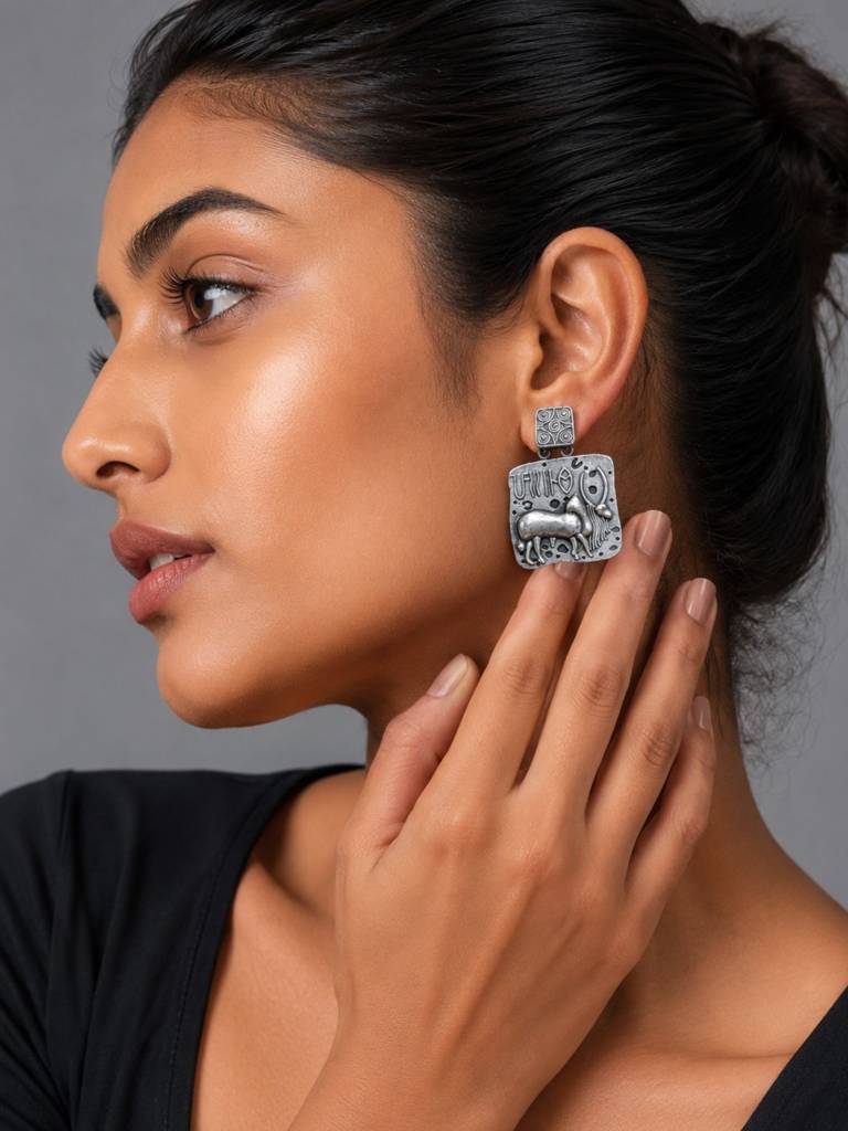 Silver Oxidised Tribal Earrings : DTINDHARRAPPAER-01