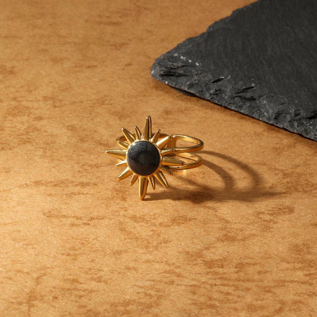 Sunburst Black Stone Ring : MR1S0974-G-BK