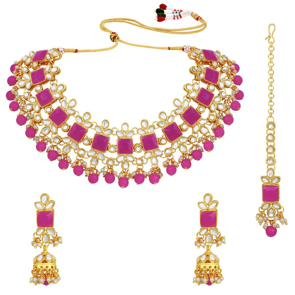 Peora Gold Plated Kundan Pearl Choker Necklace Earrings Maang Tikka Set Ethnic Jewellery For Girls & Women (Rani P : PF24N13RP