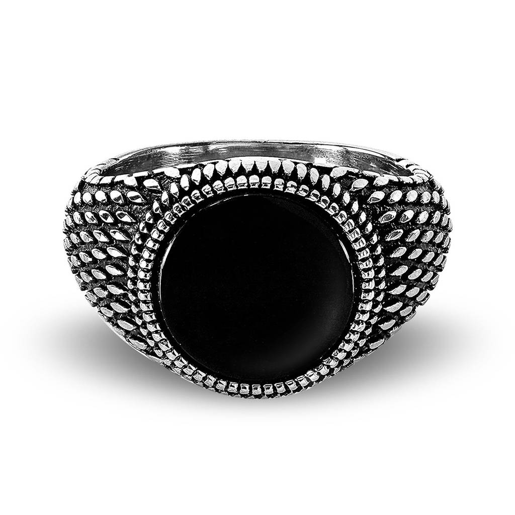 Peora Silver Plated Stainless Steel Black Stone Studded Fancy Signet Ring For Men & Boys (Us 10) : PX9R90-10
