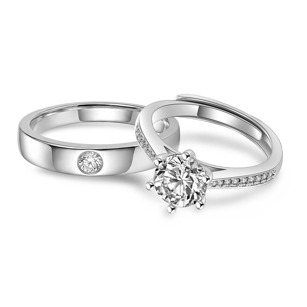 Solitaire & Band Couple Finger Ring Jewellery For Men & Women | Silver Plated | Cubic Zirconia & Crystal Studded |  : PFCCR95S