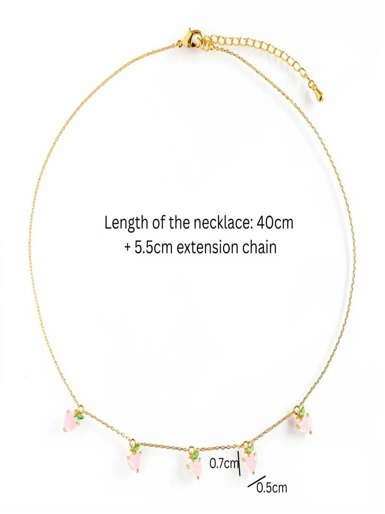 Pink Zircon Heart Strawberry Fruit Charm 18K Gold Plated Anti-Tarnish Necklace : AWU0726N92PK