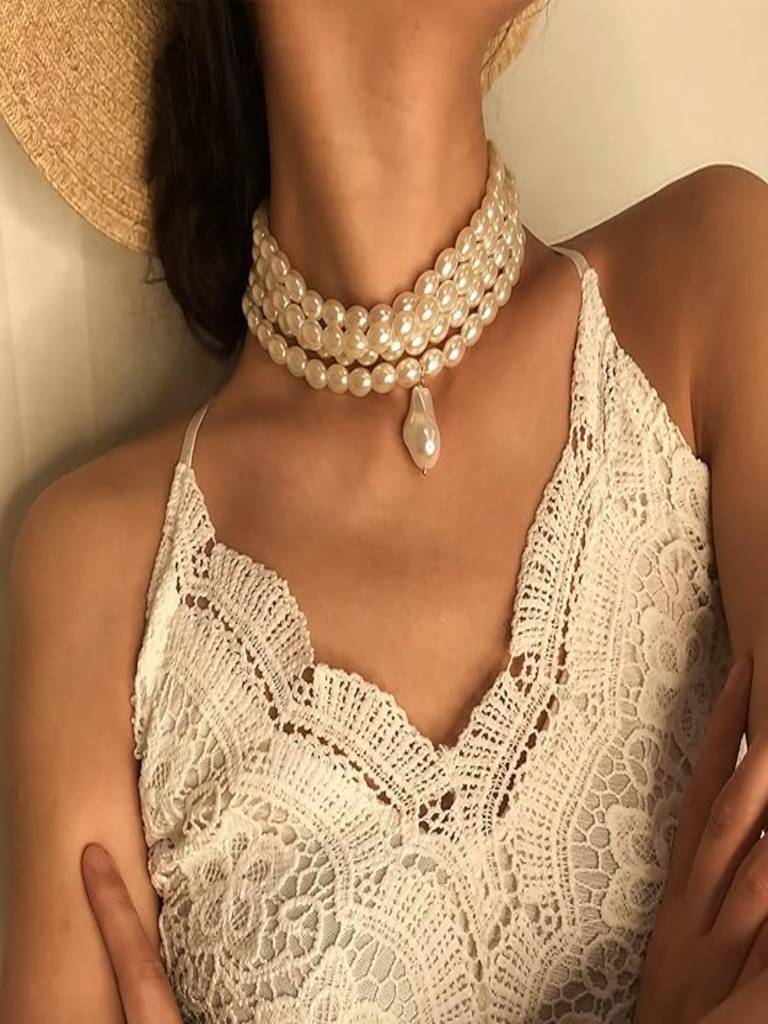 Multi Layered Oval White Faux Pearl Drop Choker Necklace : ASX0121N2436