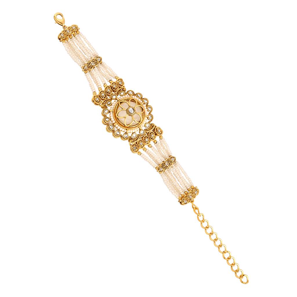 Kundan Opulance White Pearl Floral Yellow Gold-Plated Bracelet : 8905124585476