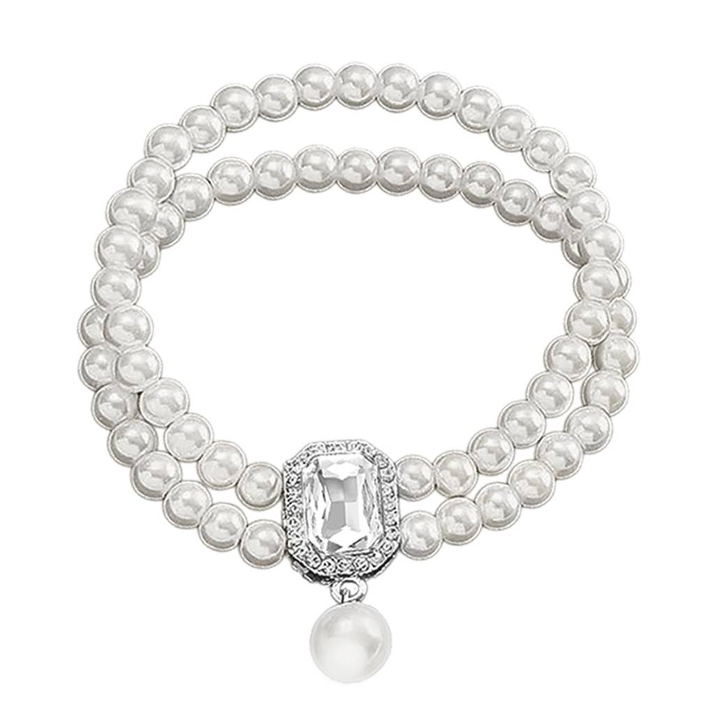 Silver Plated Pearl & Crystal Studded Necklace Earrings Bracelet Set Contemporary Jewellery For Women : PX9N249W