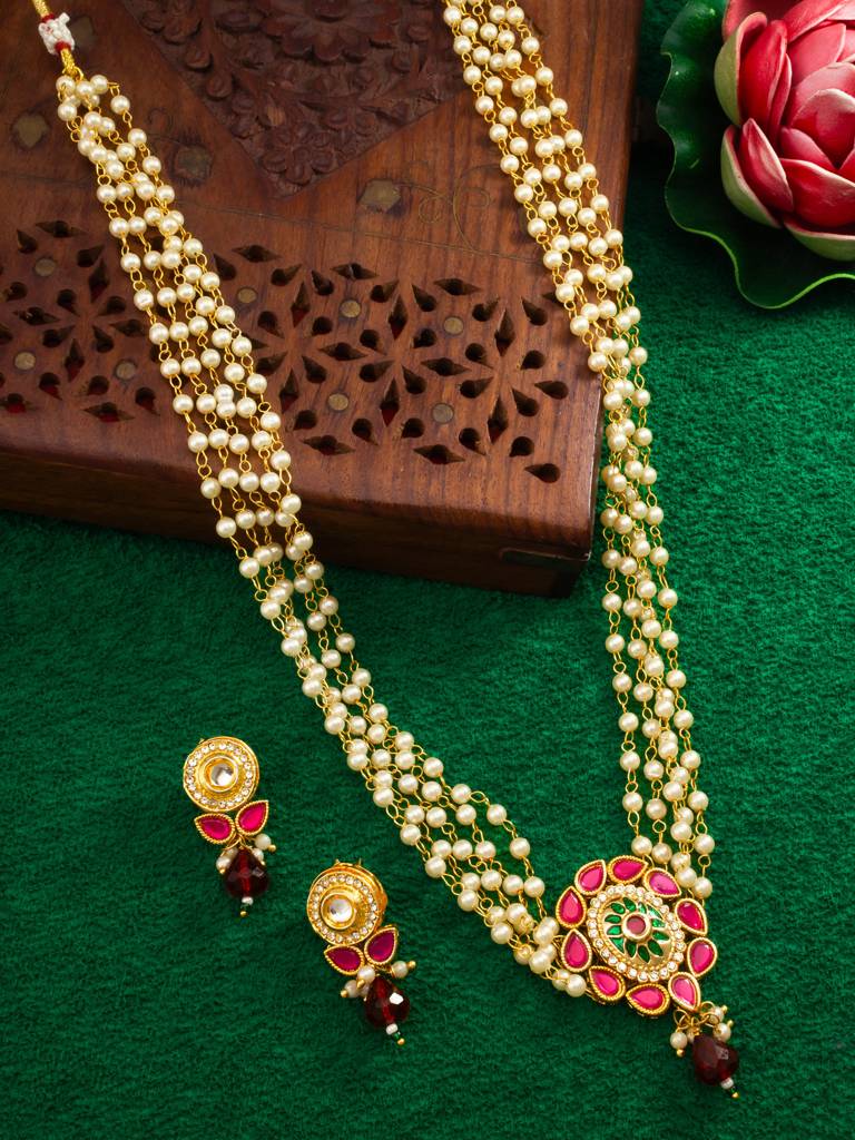 Red & Green Kundan Gold Plated Pearl Layered Necklace Set : NK4776