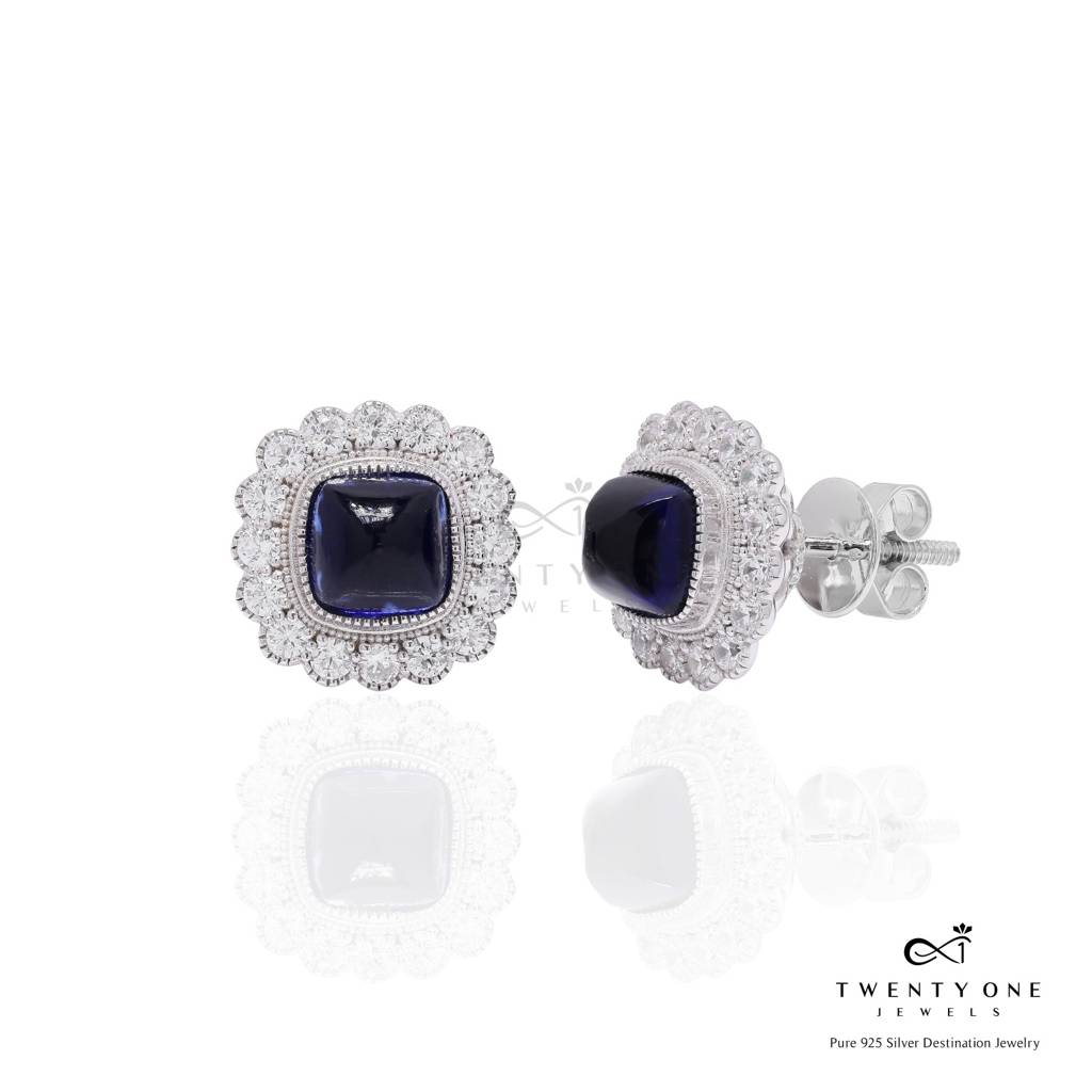 Ultra Premium Blue Sapphire Cabochon Party Stud Earrings With Premium Screw Backs On Pure 925 Silver : TE2333_2
