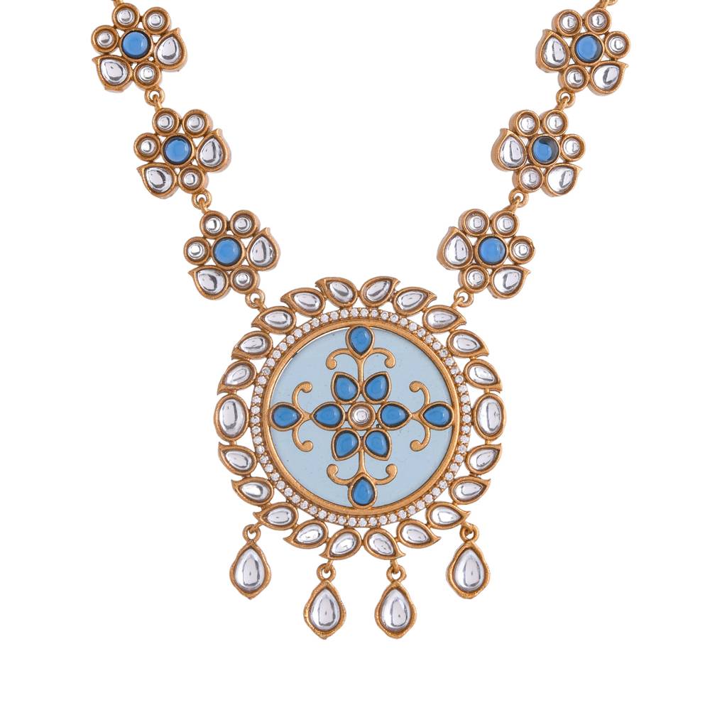 Hasli Elegant Long Blue Floral Kundan Studded Golden Necklace Set : 8905124535518
