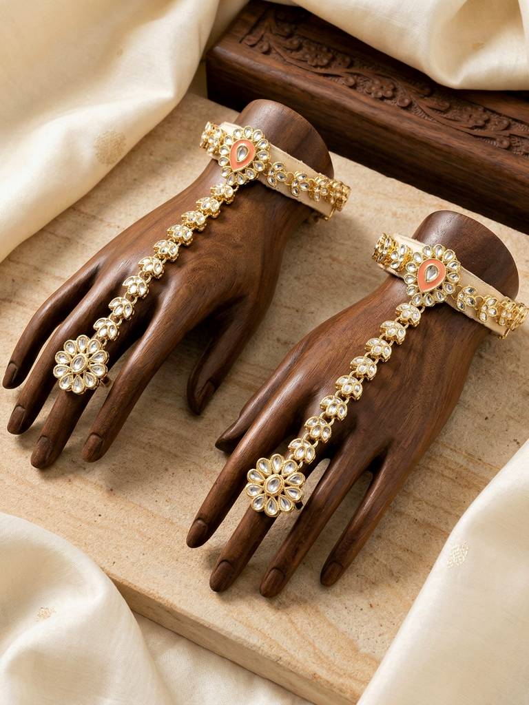 Bridal Kundan Jewellery Set With Hathphool & Nath : 2541-IZK-554-PK