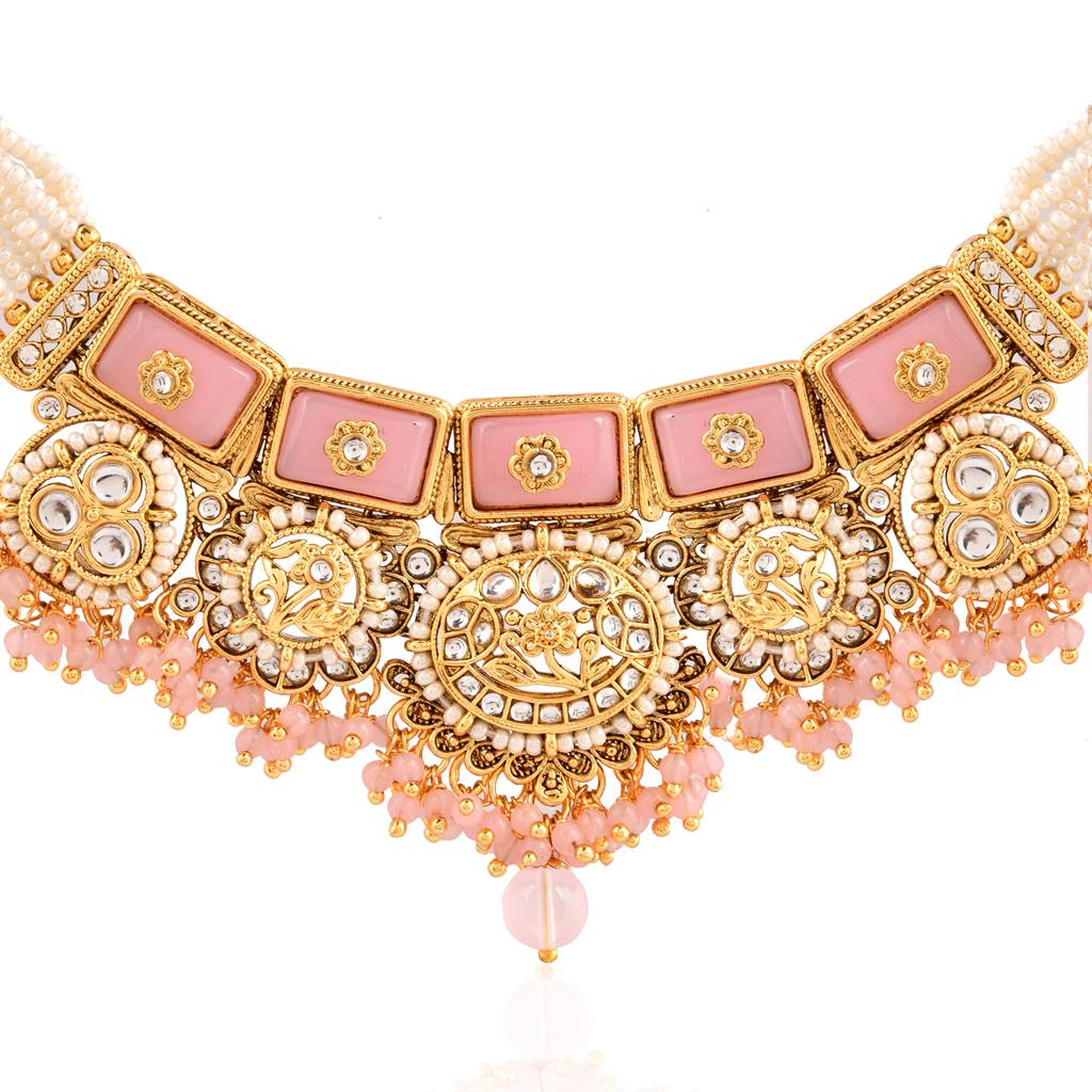 Kundan Opulance Light Pink Cz-Pearl Medallion Yellow Gold-Plated Short Necklace Set : 8905124585391
