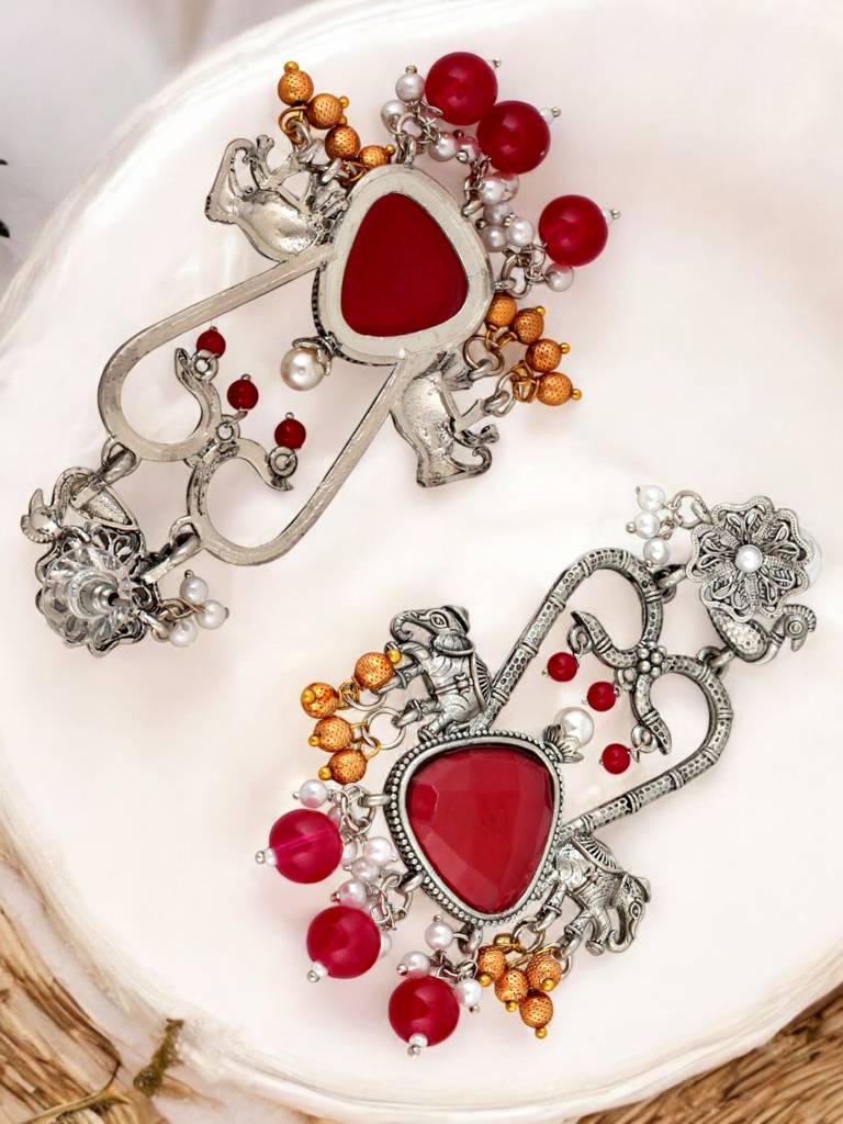 Celebrity-Inspired Oxidised Silver Magenta Color Earrings For Girls & Women : 436-KEO-15227-R-S