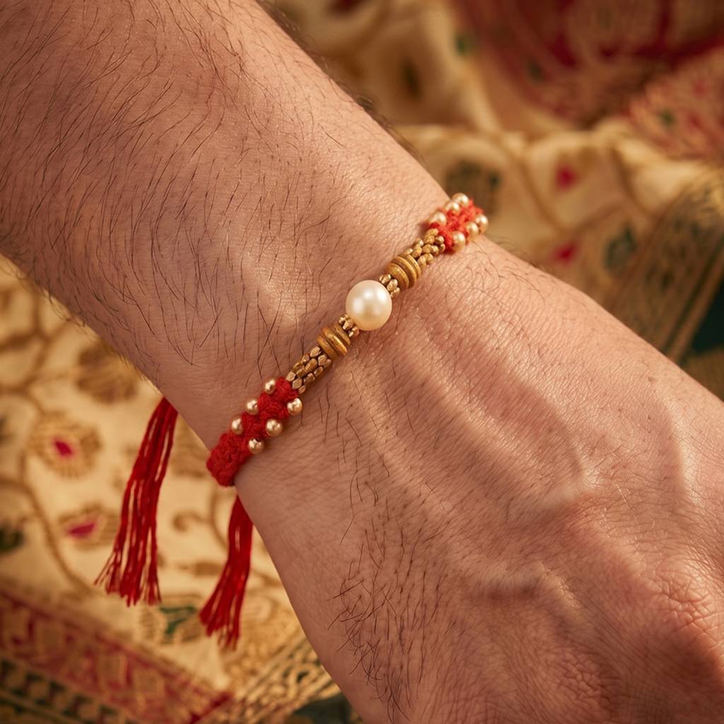 Rakhshabandhan Thread Rakhi For Brother Bhaiya Beads & Crystals Studded Red White Combo Set Of 2 Rakhi Hamper Roli : R07C38-S2