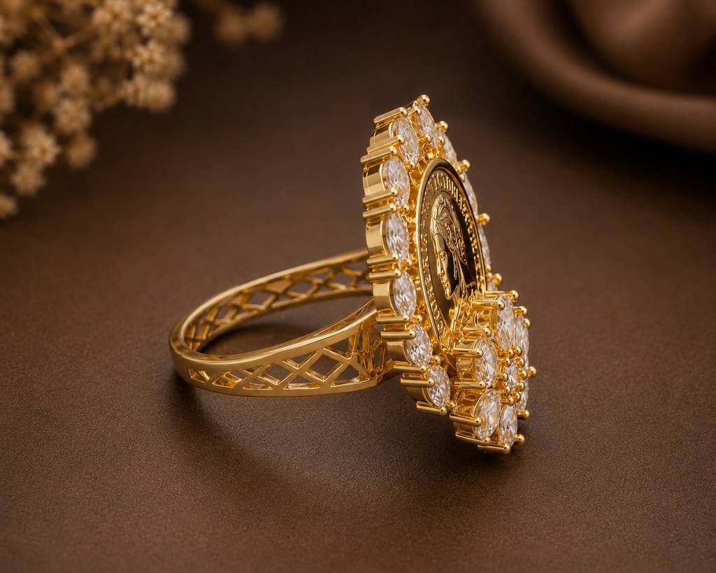 Gold Finish Ginni Gold Coin Adjustable Ring With Cz Diamonds For Women : 200022