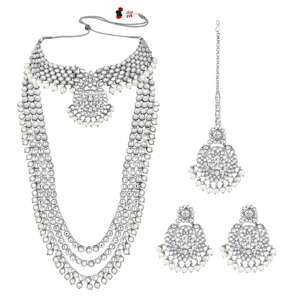 18K Gold Plated Kundan Faux Bead Bridal Necklace Jewellery Set For Women Girls : PF25BR106RW