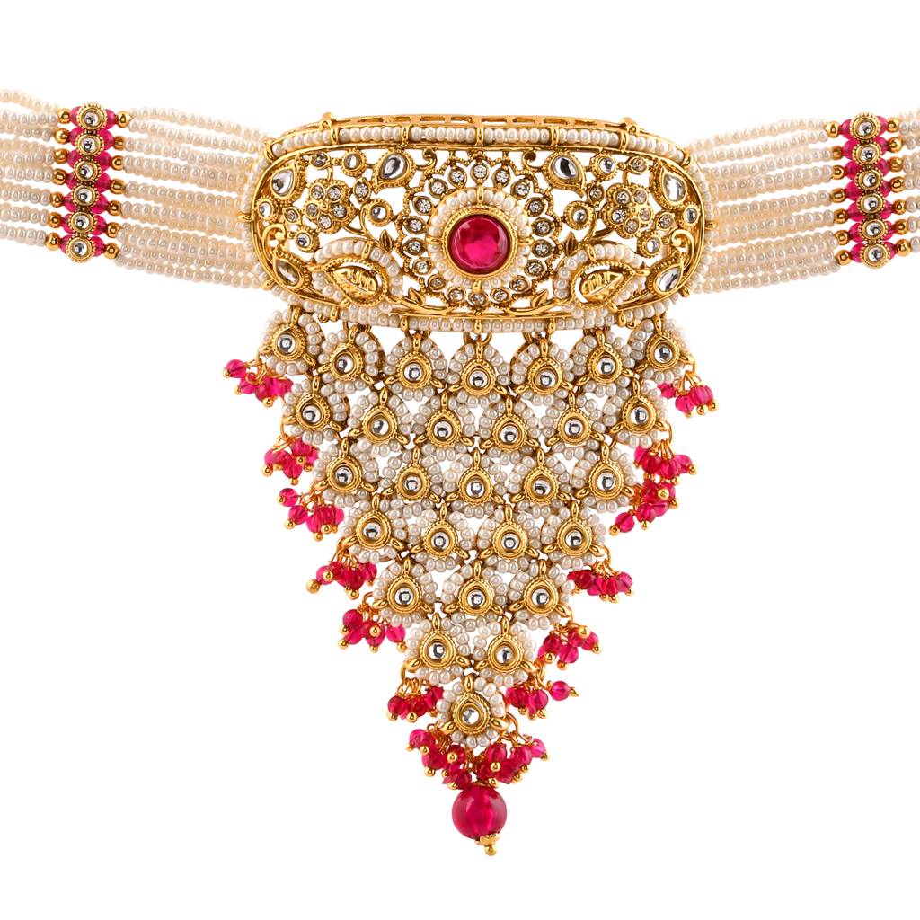 Kundan Opulance Maroon Cz-Pearl Beaded Yellow Gold-Plated Choker Set : 8905124585384