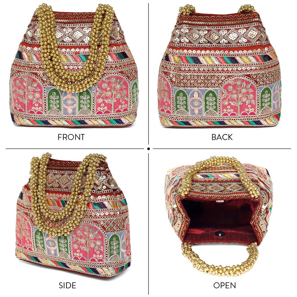 Embroidery Potli Bag For Women Handmade Wristlet Handbag Stylish Purse Ethnic Fashion Bag For Girls : P212M-L